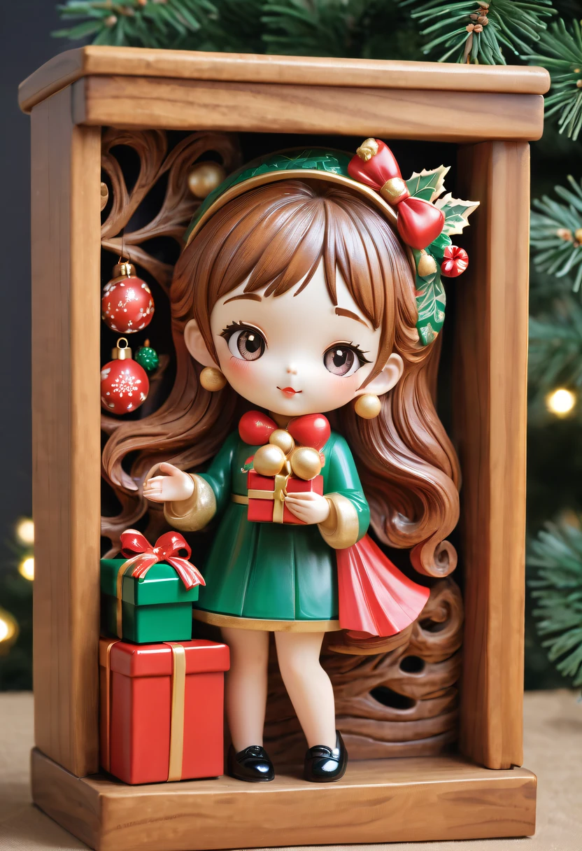 christmas，christmas girl and her christmas gift，Beautiful christmas gift，christmas wood carving flower box