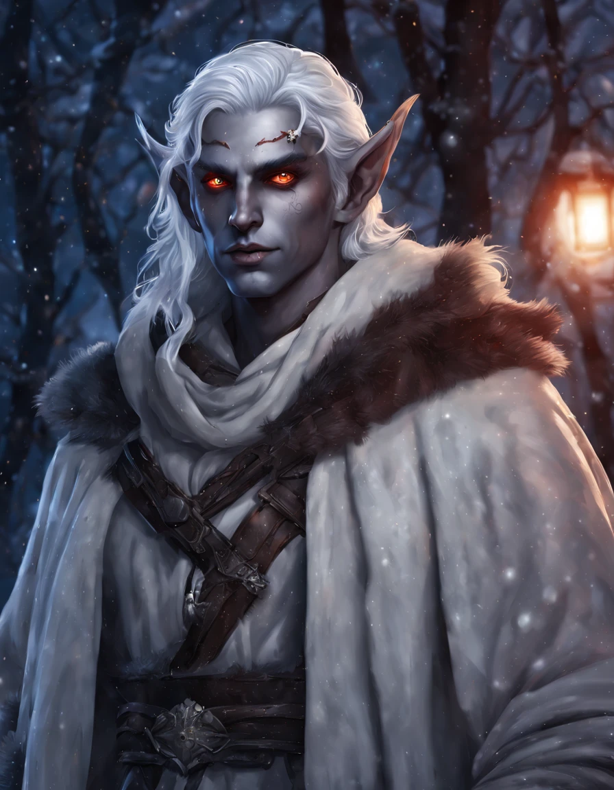 Male drow elf with gray skin and red eyes., white colored hair, winter forest background, night time, moon light, Magic Lights, minimal smile, hyper-detailing, clipart, album elements, historical takeover, Cinematic, Editorial, Highly detailed, bright colours, beautifully lit, professional photorealism, Artstation, Butter, New Year