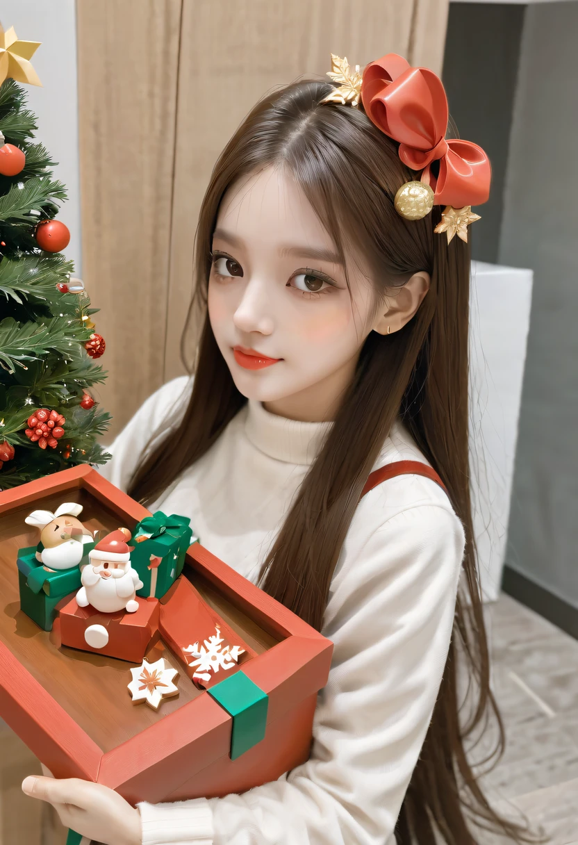 Christmas girl and her Christmas gift,beautiful christmas gift,Wood carving flower box