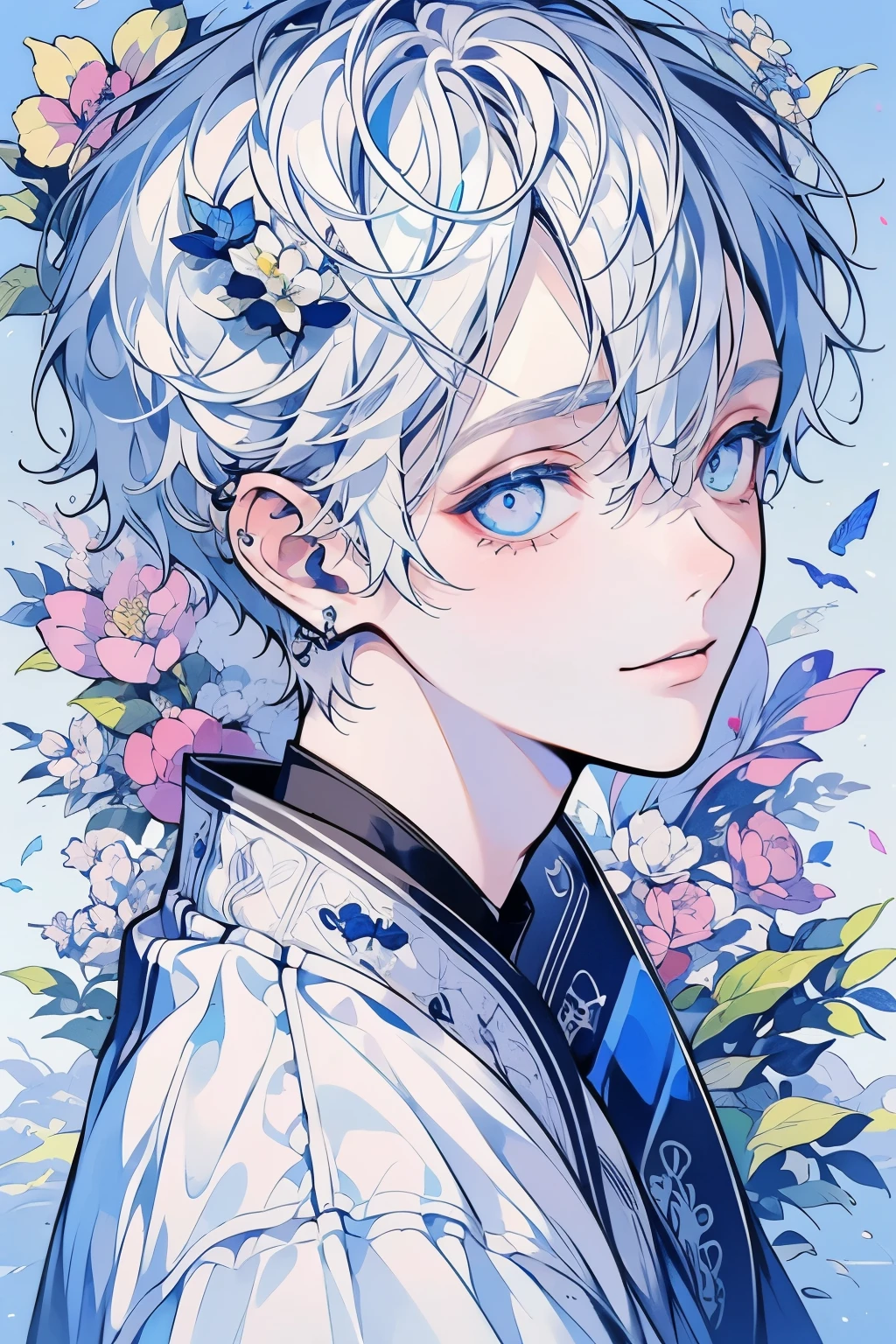 (masutepiece), (Best Quality), Highly detailed, 1 boy, Solo Focus,Perfect face, Beautiful face, extra detailed face,(white hair:1.3),(Blue eyes:1.3),florals,butterflys々,floralsびら,optic,a smile
