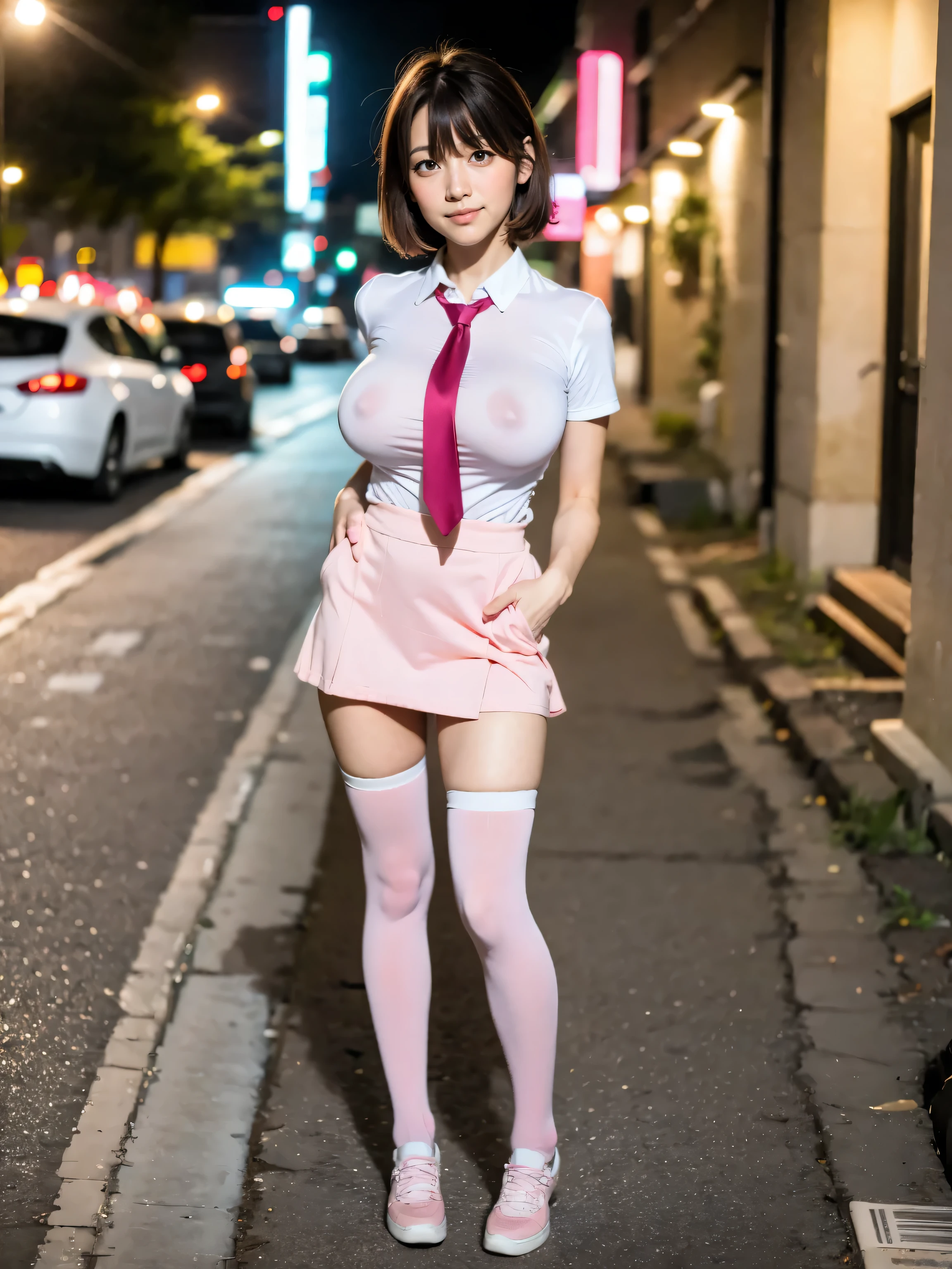 (8K, Raw photo, Best Quality, masutepiece, Realistic, Detailed face, Detailed skin, Warm color temperature:1.2), (1girl in, Solo:1.5), (Ople:1.3), Beautiful japanese girl, Cowboy Shot, (skinny:1.1), (Short stature, Height 148cm, Petite:1.3), (Short hair, bobhair:1.2), Forehead, Brown hair, No bra, Tighttops, Tight, (White collared shirt, Pink tie, Pink microskirt:1.2), Panties, knee high socks, Huge breasts, Smile, Shy, Dull color, Standing, facing, Night, Street, BRAB 5_Realisian V50_PFv30