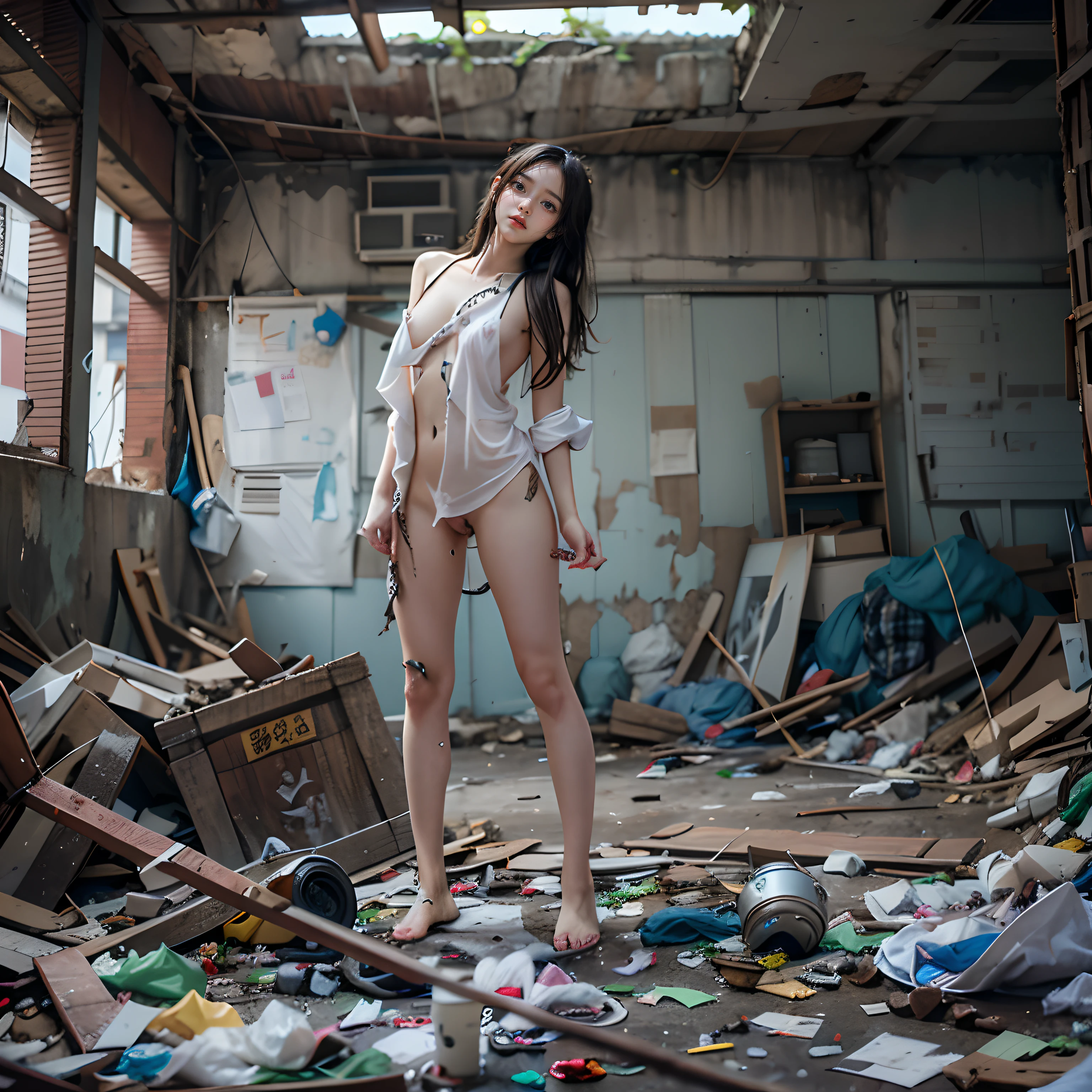 Abandoned buildings,The ground is littered with garbage,Destroyed,Sexy standing posture,full-body portraits,18 years old korean beauty,Barefoot,as thin as a whip,(((Full body naked))),exhibitionistpose the genitals at will