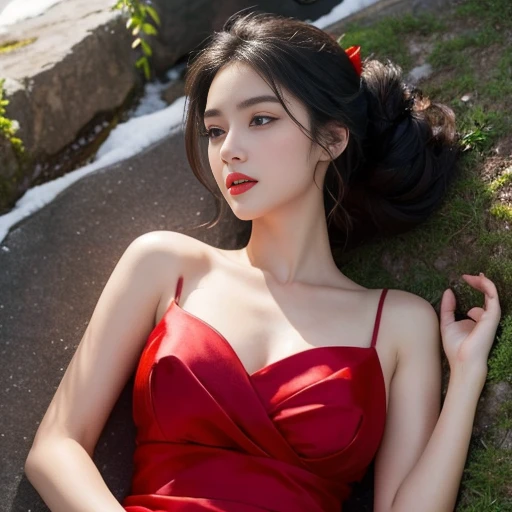 A big red silk dress with a very low neckline,Reveals the plump,The face resembles a hibiscus,Eyebrows like willows,Eyes that are more charming than peach blossoms are very seductive,Skin like snow,Her black hair was pulled into a high beauty bun,The beads on their heads shine dazzling in the sun,Bright red lips,What a beautiful woman,Lying weakly on the ground,in hot state,The face is slightly red,Eyes are confused,Full body photo,There is white liquid in some places on the body,exposing thighs