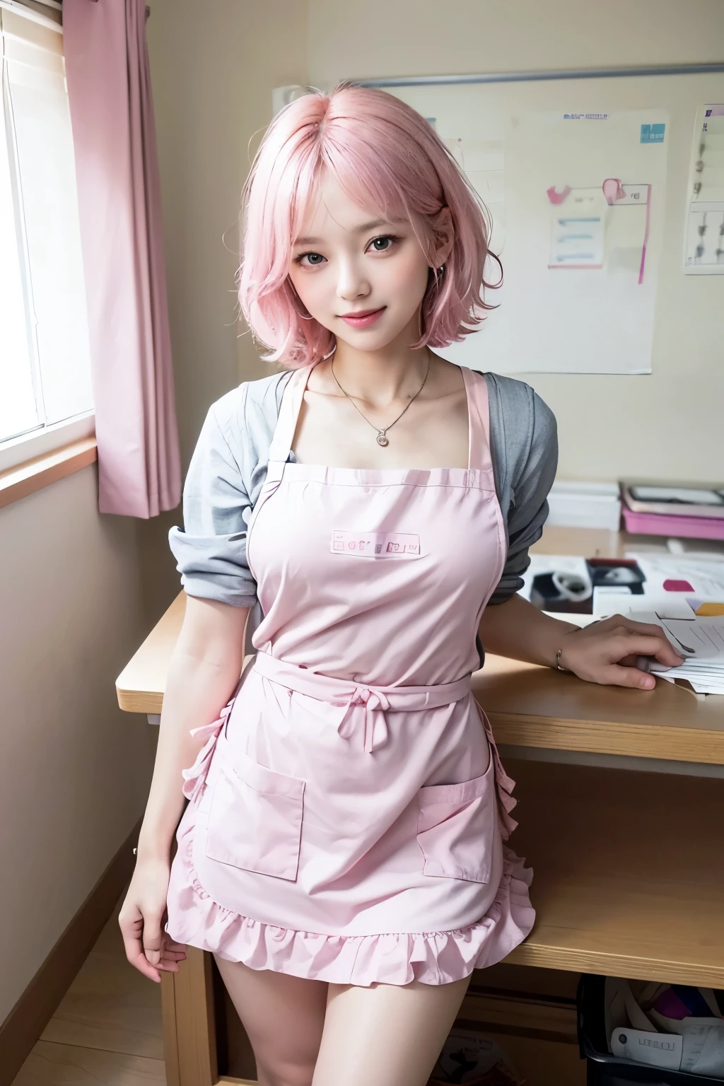 (8K, top-quality, masterpiece:1,2), (reallistic, Photorealsitic:1.37), Super Detail, One girl,), (Highly detailed), (beautifully detailed eyes), (of the highest quality), (super detailed ), (masterpiece), (Detailed face),20yr old, ,1 girl, full body, pink hair,Very short hair, medium breasts, clothed, Perfect Lighting,  looking at viewer, (kindergarten teacher, pink apron, kindergarten:1.3), (adult women:1.5),(in the kids room:1.2), children’s toy, in the daytime, gentle smile