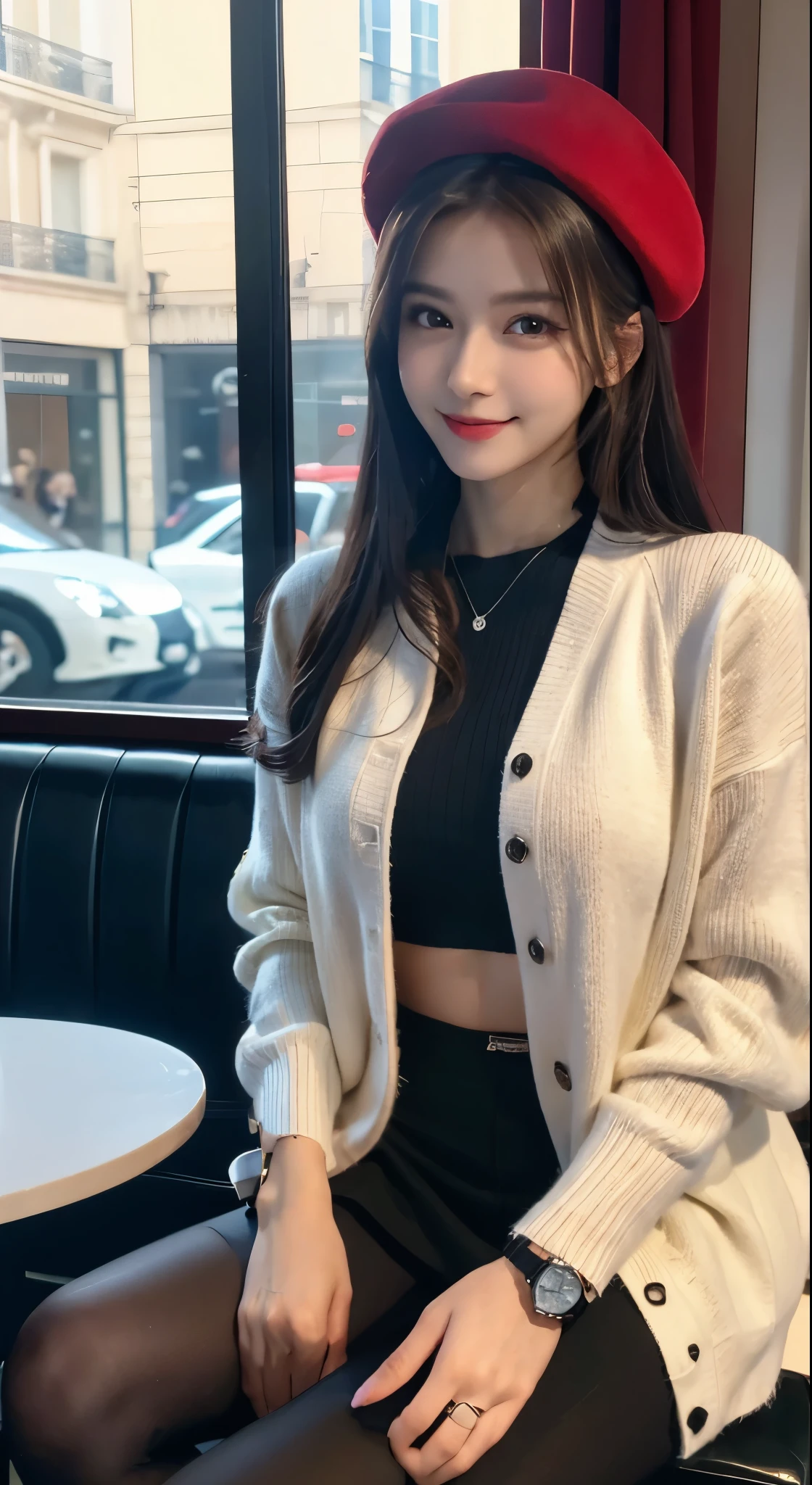 replace outfit with furry crew-neck red sweater, silver watch