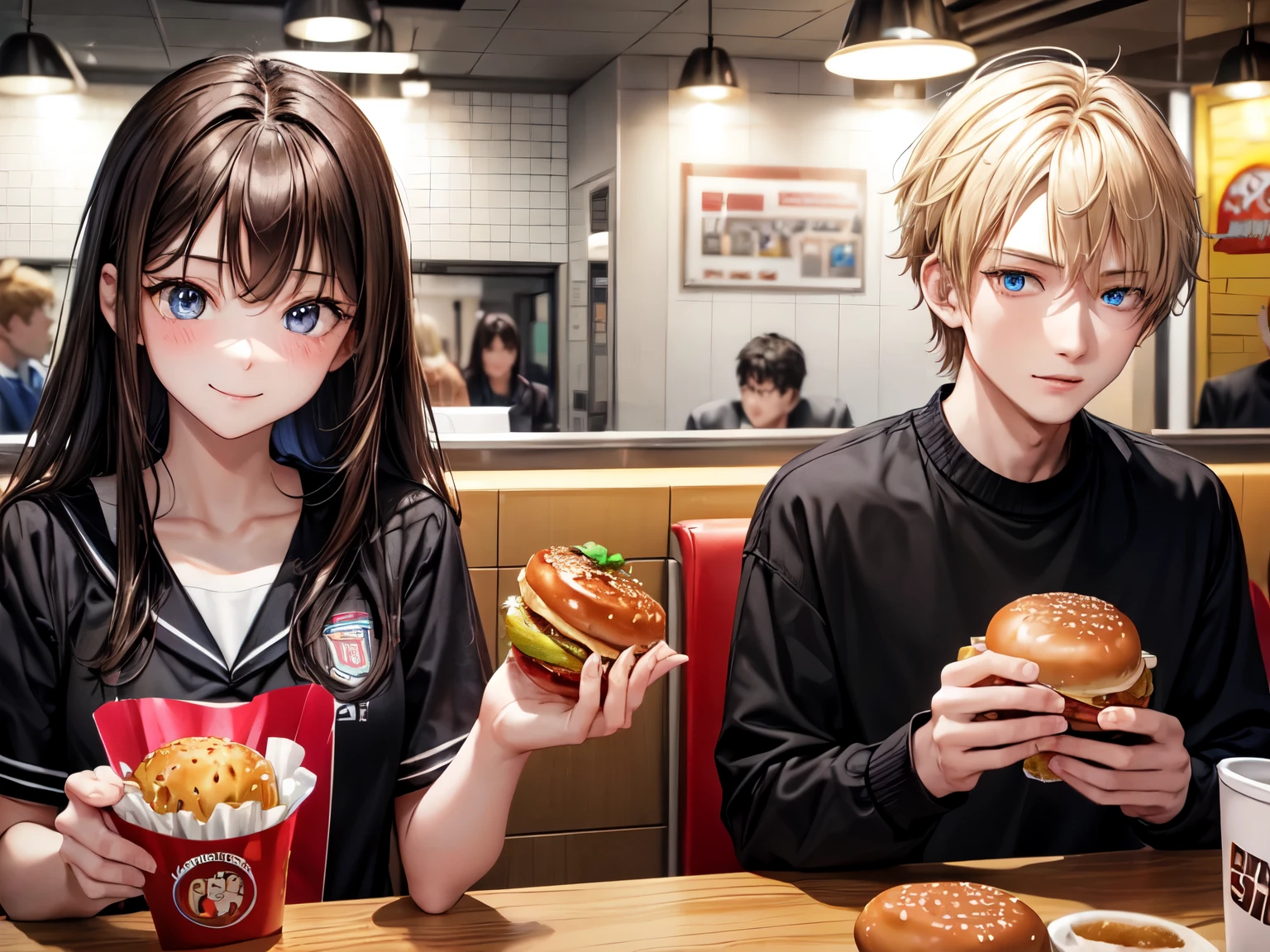 （8K, Best Quality, masutepiece:1.2)、超A high resolution、Couple of a 16-year-old female high school student and a 16-year-old male high school student、A man wearing a school uniform and a woman wearing a school uniform,Detailed fingers,（woman brown hair , blond inner),Man Black Hair,ultra-detailed face,detailed eyes,((A man and a woman are in a fast food restaurant.,Eating a hamburger)) ,a smile