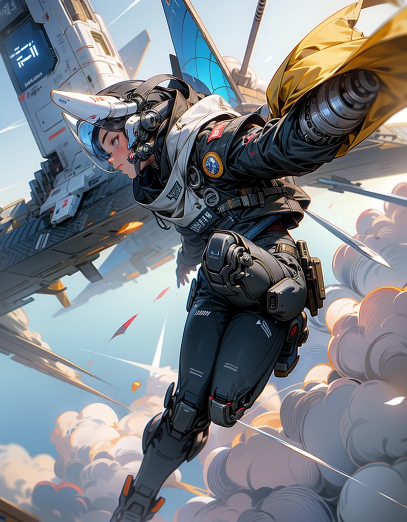 humanoid robot flying in the sky、　from the front side、　rounded robot、　winter sky。He narrowly dodges the missiles flying from the front.。