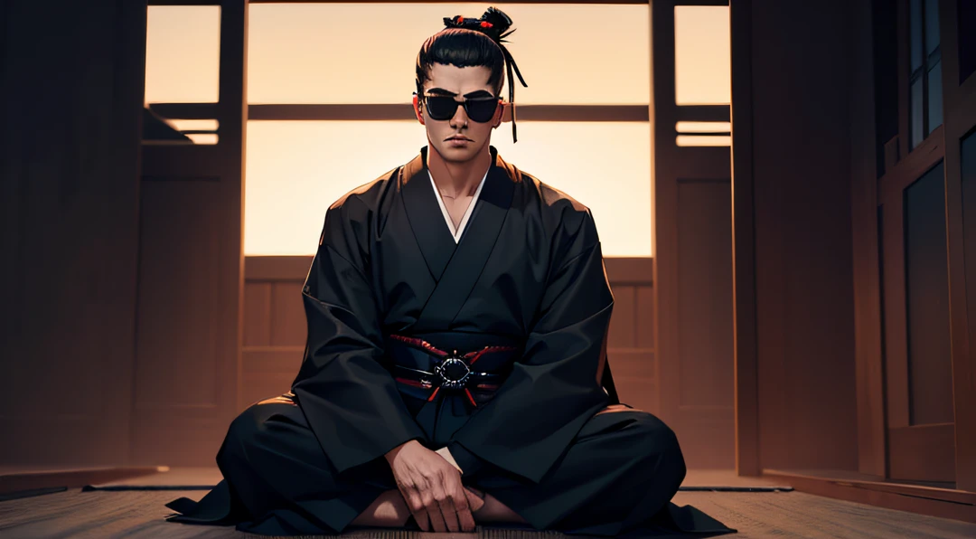 A young man, Sunglasses, Samurai, one topknot on the top of the head, Black kimono, Full body