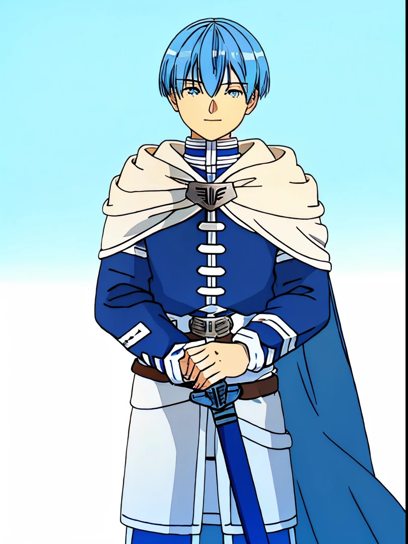 man holding a sword, holding a two - handed sword, masterpiece, best quality, 1boy, solo, male focus, looking at viewer, upper body, himmel_sousou_no_frieren, blue hair, blue eyes, illustration, sword, standing holding sword, facing forward, plain white background, Himmel,1man, cape, jacket, belt, pants, boots,