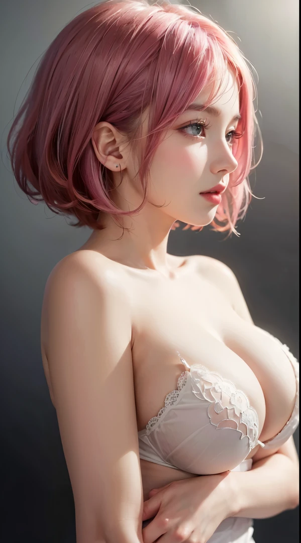 (UHD, retina, masterpiece, accurate, anatomically correct, textured skin, super detail, high details, high quality, best quality, high res, 1080P, HD, 4K, 8k, 16k), (beautiful detailed eyes, beautiful detailed lips, extremely detailed eyes and face), soft lighting, physically-based rendering, vivid colors, (((large :1.6))), (portrait, bob cut, shocking pink hair, shiny hair, shiny skin, blush), (bokeh), eye reflection, (profile:1.2),