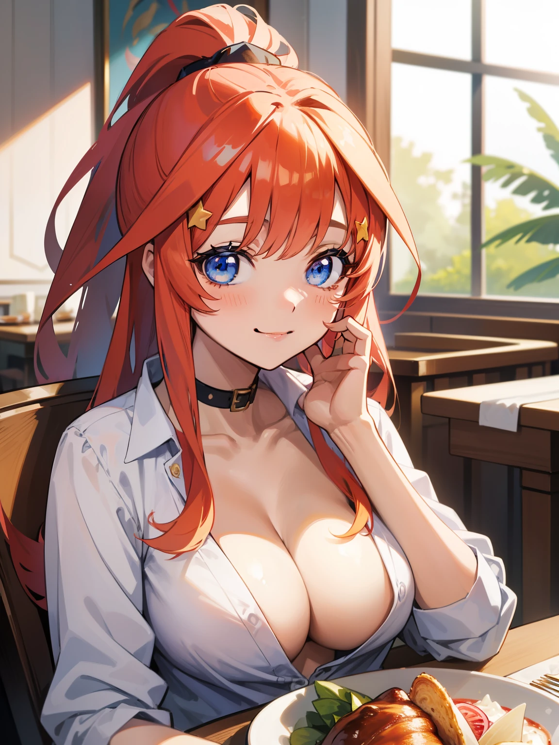 1girl, Anime girl with long hair, anime moe art style, Anime visuals of cute girls, Anime Best Girl, itsuki nakano fanart, pretty anime girl, Smooth Anime CG Art, Seductive Anime Girl, charming anime girls, Cute anime girl, Shining eyes, big boobs, (((((at the dinner table))))), ((looking at viewer)), ((smile)), close up, red hair, blue eyes,white shirt, upper shirt button off, cleavage, collar bones exposed, collar bones, collar bones visible, light boob cleavage, (portrait), (((no bra))), (((fancy restaurant))), cup of wine, cleavage, ponytail, golden earings