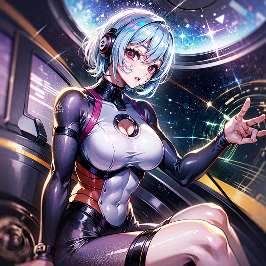 (((masterpiece、Top image quality、top-quality、highly detailed unity 8kwall-paper)))、((Illustration of one girl))、(pilot)、(((blue silver short hair)))、Red eyes、((Tall))、(((Muscle Girl、Muscular and strong body、abdominals、muscular and thick arms、muscular and thick legs、stocky build、muscular legs、broad shoulders))))、(((白いpilotスーツ)))、((manspreading、Sitting in the cockpit、armpit))、((space fighter cockpit、The Universe on the Monitor、Earth seen from space))