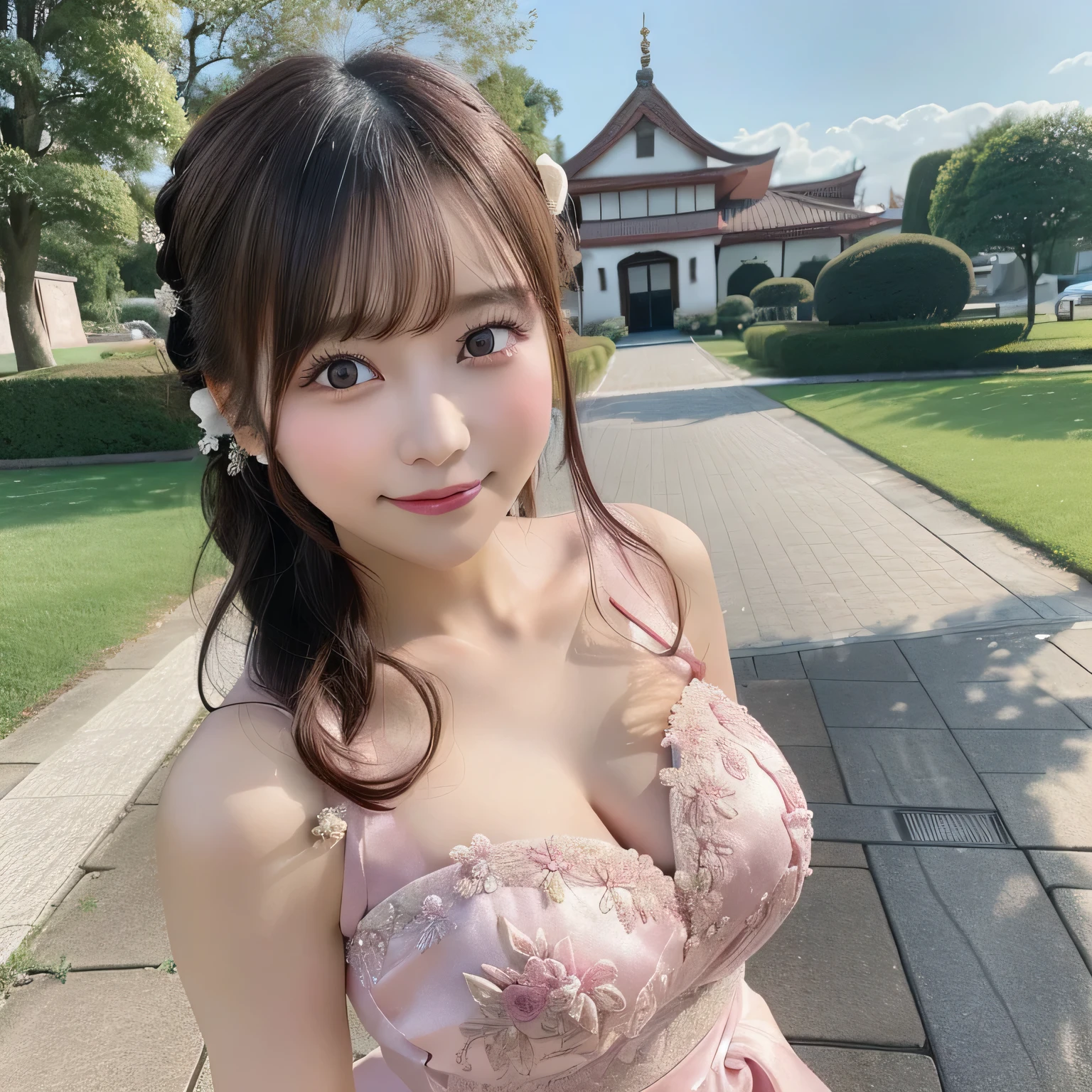 pale pink wedding dressesを着たアラフィー女性, Photograph Taken on Nikon D750, Photo taken with Nikon D 7 5 0, beautiful japanese female, pale pink wedding dresses,Silk Fabric,luxury fabrics,Wedding dress with fine embroidery,, Colossal tits,large full breasts,Beautiful valley、full body Esbian、Walking、wedding photos, girl with,Happy smile, プロのwedding photos, palatial palace ， 漢風のgirl with、nogizaka、Beautiful black eyes:1.３、-yeld sc