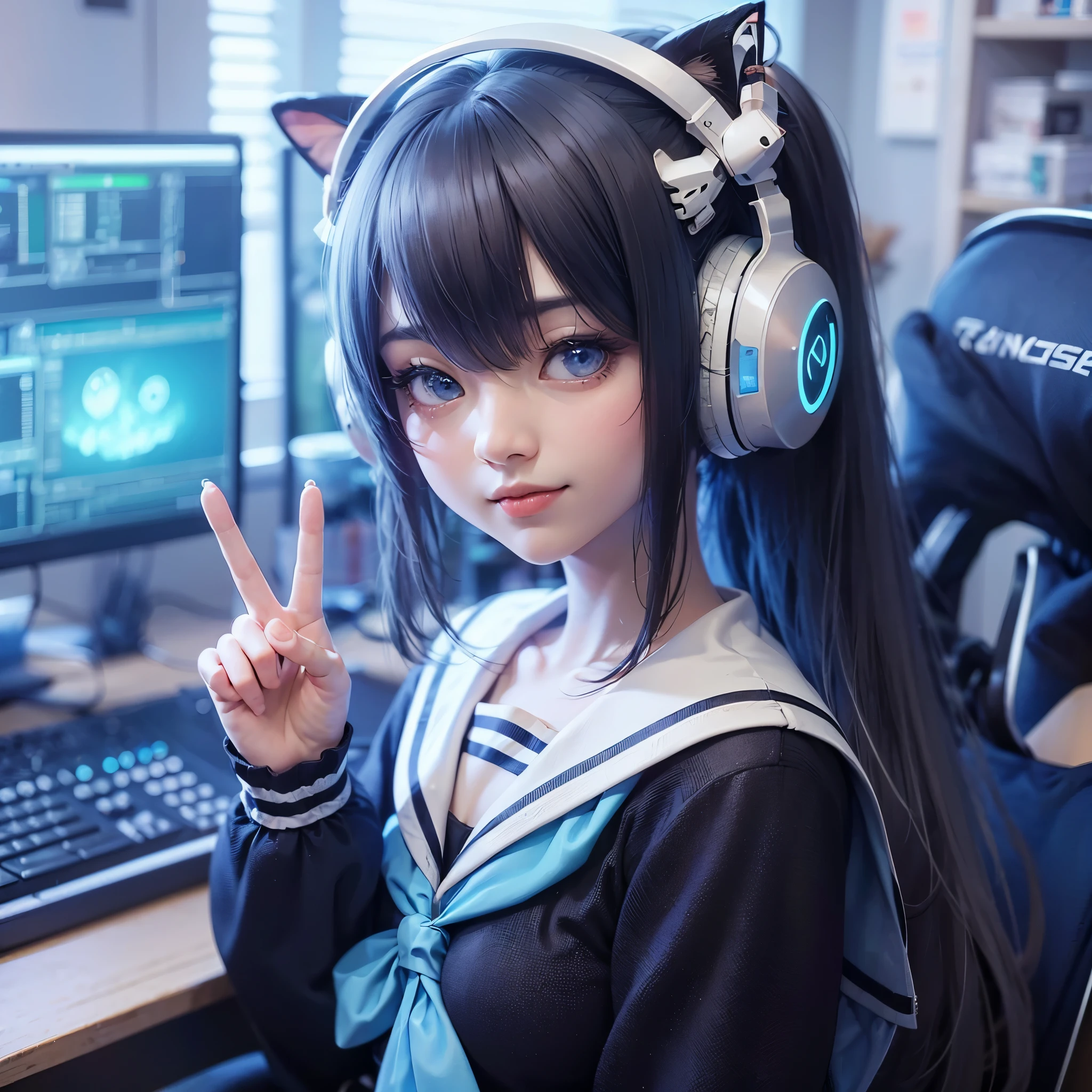 anime girl sitting in front of a computer with headphones on, 3d anime girl, realistic anime 3 d style, cyber school girl, 3 d anime realistic, smooth anime cg art, photorealistic anime girl render, anime styled 3d, trending on cgstation, anime style 4 k, digital anime art, render of a cute 3d anime girl, masterpiece, best quality:1.2),,(8k,highres,RAW photo,realistic,photo-realistic:1.3),(detailed skin texture,detailed cloth texture,beautiful detailed face:1.25),professional lighting,photon mapping,beautiful soft light,radiosity,physically-based rendering,raytracing, model shoot style, model shoot style, (extremely detailed CG unity 8k wallpaper), full shot body photo of the most beautiful artwork in the world