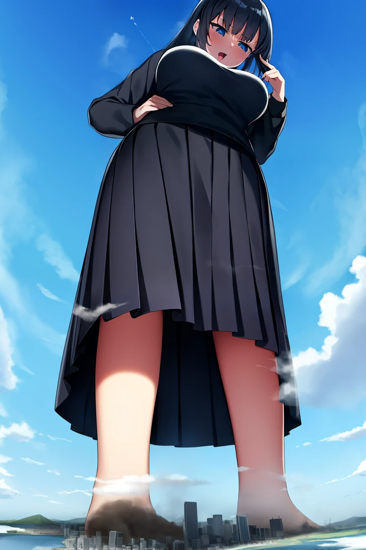 an anime female character standing on a mountain top next to a city, 1girl, solo, skirt, blue eyes, long hair, black hair, giantess, black skirt, open mouth, sky, giant, cloud, long sleeves, day, pleated skirt, full body, blue sky, city, breasts