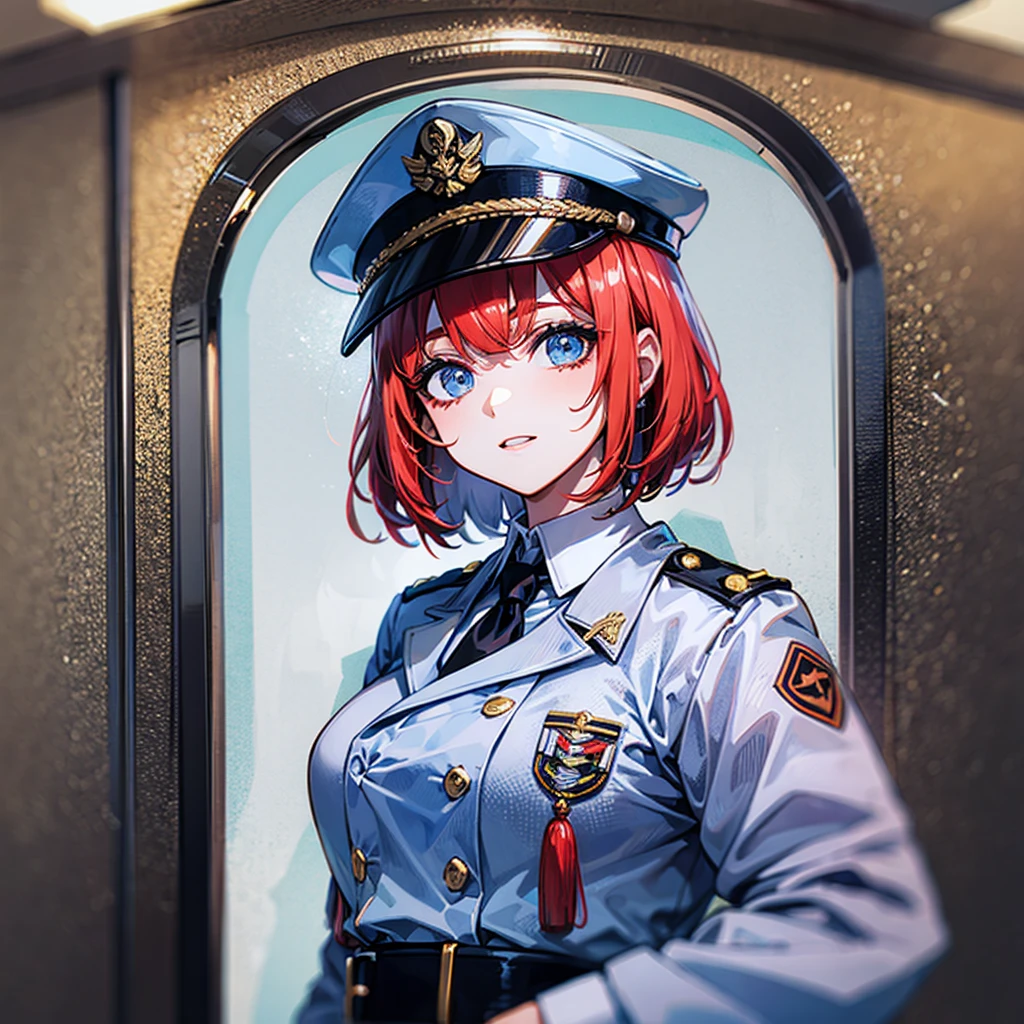 (((masterpiece)))、(((Top image quality)))、(((top-quality)))、(((highly detailed unity 8kwall-paper)))、(Illustration of one woman)、30-years old、(Viceroy)、((Red-haired shorthair))、(Thin hair hanging down both sides of the face)、Blue eyes、((Tall))、((Muscle Woman、stocky build、muscular legs、broad shoulders、solid chest))、((Military uniforms))、((Military Cap))、((Military coat))、(white clothes)、(White pants)、(White cap)、trench coat、((Inside the spaceship))