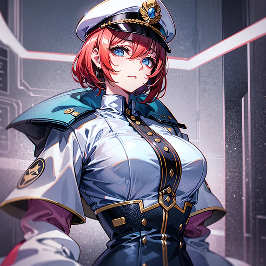 （（（​masterpiece）））、（（（Top image quality）））、（（（top-quality）））、（（（highly detailed unity 8ｋwall-paper）））、（Illustration of one woman）、30-years old、（Viceroy）、（（Red-haired shorthair））、（Thin hair hanging down both sides of the face）、Blue eyes、（（Tall））、（（Muscle Woman、stocky build、muscular legs、broad shoulders、solid chest））、（（Military uniforms））、（（Military Cap））、（（Military coat））、（white  clothes）、（White pants）、（White cap）、trench coat、（（Inside the spaceship））