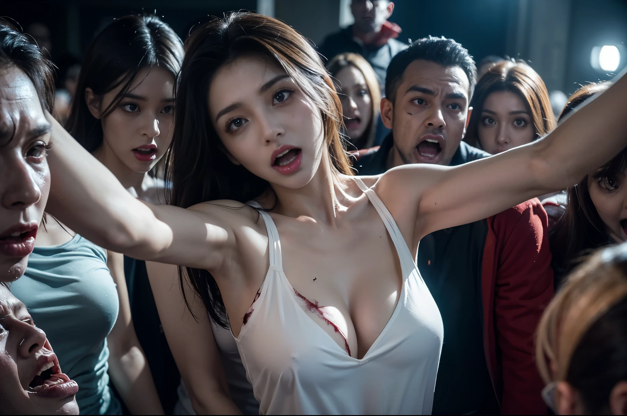 photorealistic,Realistic illustration in Modelshoot style,((masterpiece)),((best quality)),((Ultra quality)),((ultra detailed)),
Light as a movie、Lewd girl white pajamas、, NSFW、thin dress、Upper body up、embarrassed、((Red 1.4))、o、POV straddle, (big breasts), (Huge breasts), realistic breasts, running in terror in a hospital being chased by a group of horrible and terrifying zombies,(((Zombies,A crowd of horrible and terrifying zombies watching and running after her huddled with each other to catch up to her...)))