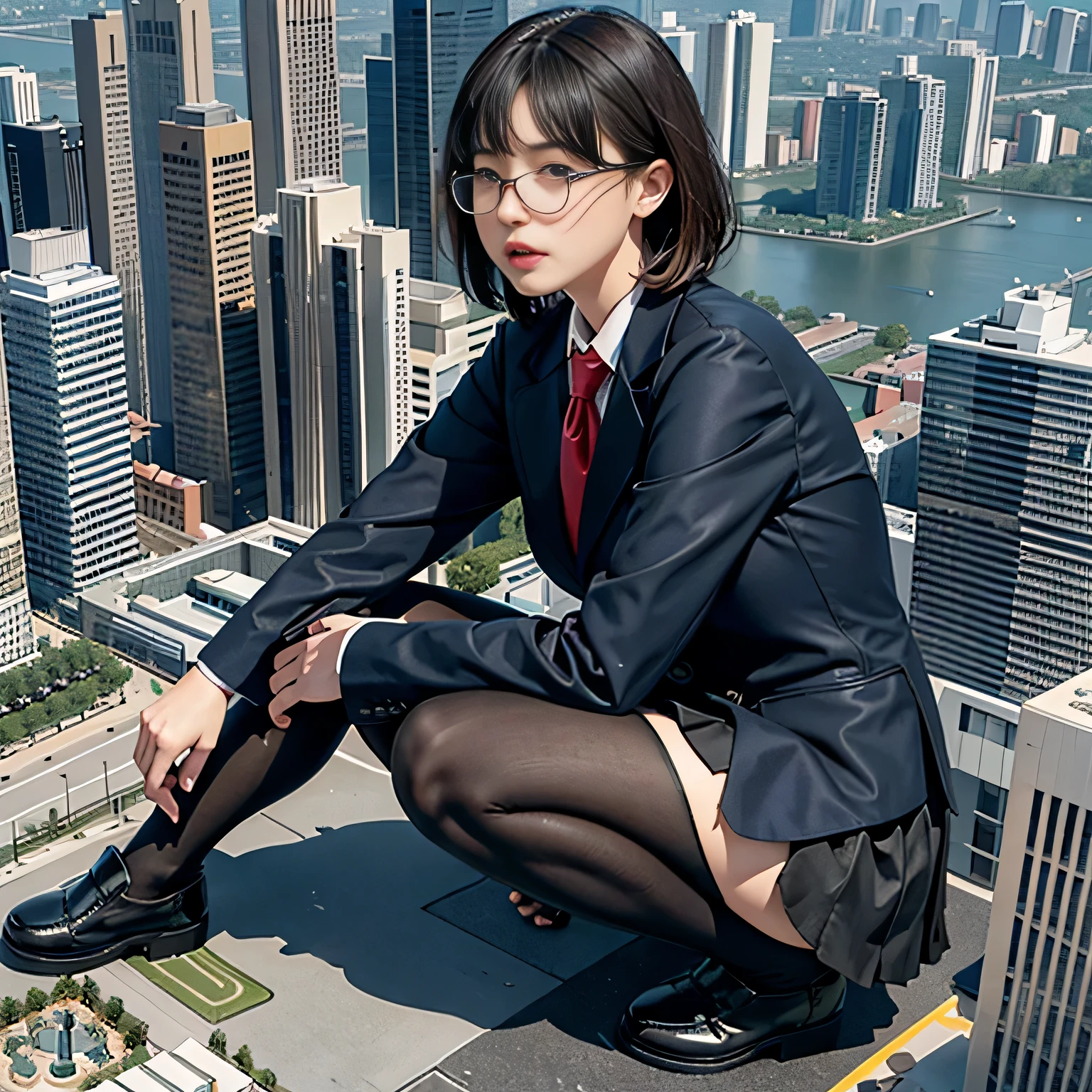 giantess art, a hyperrealistic schoolgirl, 非常に詳細なder rieseショット, der riese, Shorthair, Black pantyhose, a huge high school girl、'It's much bigger than a skyscraper, Wearing rimless glasses, Colossal tits, Navy blue blazer, Red tie, Mini Length Skirt, Black pantyhose, I'm not wearing shoes., very small metropolis, miniature metropolis, 足元までの高さしかないminiature metropolisで、squatting and urinating, The city is a sea of urine, tsunami of urine, Small trains and cars are washed away with urine., Full body depiction, nffsw, Giga Giants, Black pantyhose, Pantyhose legs, Pantyhose feet, ,Stomping City,crash city,Small town,micro city, Peeing,