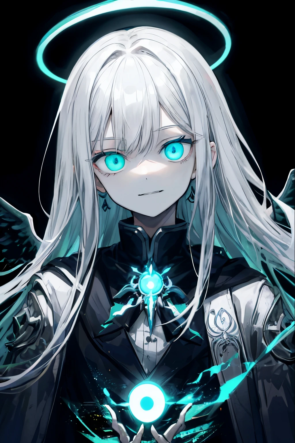 Best Quality、masutepiece、Ultra-detailed、face perfect、Extremely detailed、Extremely delicate、1 boy, (scary), Angel, Gorgios, (blanche halo), Dark, Glowing eyes, Light blue eyes, Angel wings, holy, , blancheのチュニック, two ふしだらなblanche angel wings, which are full of confidence, Smile, Keep your mouth shut、Expressive eyes, collofull eyes, Contrasty, shadowy, masutepiece, Digital Art, Glowing eyes, Intimidating, corrupted, Demonic, Abstract background, blanche, black and aqua colors、両手にblancheく輝く星を浮かばせる、fear
