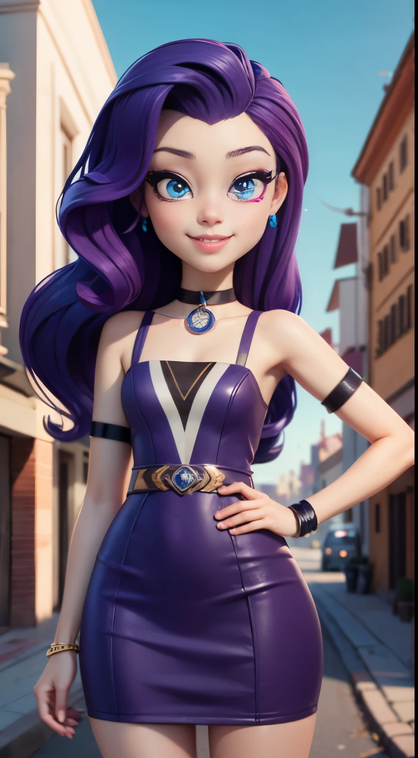 UNICODE(masterpiece, best quality:1.2),<�lora:mlp_rarity-10:1>,cowboy shot,female,solo,1girl,mlprarity,smile,looking at viewer,hands on hips,hair ornament,dress,jewelry,bracelet,highres,masterpiece,perfect ligthing,bloom,cinematic lighting,,perfect skin,narrow waist,skinny,choker,detailed eyes,blue eyes,choker,,pink lips,((glossy lips)),pursed lips,pink pumps,glossy skin,oily skin,beautiful light,(day:1.3),bright,looking at viewer,city streets,