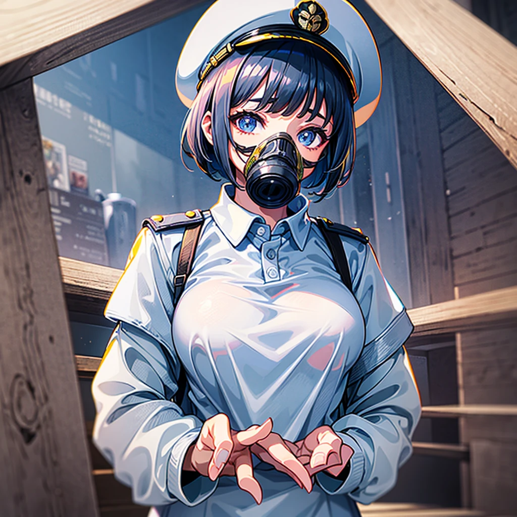 （（（​masterpiece）））、（（（Top image quality）））、（（（top-quality）））、（（highly detailed unity 8ｋwall-paper））、（Illustration of one woman）、30-years old、（Viceroy）、Black hair bob cut、（（（Gas mask covering the mouth）））、Gray eyes、（（（Sanpaku eyes）））、（（Tall））、（（huge tit））、（（Military uniforms））、（（Military Cap））、（（Military coat））、（white  clothes）、（White pants）、（White cap）、trench coat、（（Inside the spaceship））
