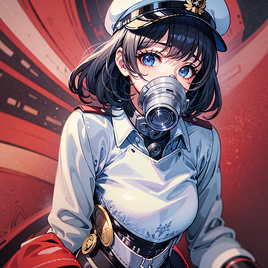 (((masterpiece)))、(((Top image quality)))、(((top-quality)))、((highly detailed unity 8kwall-paper))、(Illustration of one woman)、30-years old、(Viceroy)、Black hair bob cut、(((Gas mask covering the mouth)))、Gray eyes、(((Sanpaku eyes)))、((Tall))、((huge tit))、((Military uniforms))、((Military Cap))、((Military coat))、(white clothes)、(White pants)、(White cap)、trench coat、((Inside the spaceship))