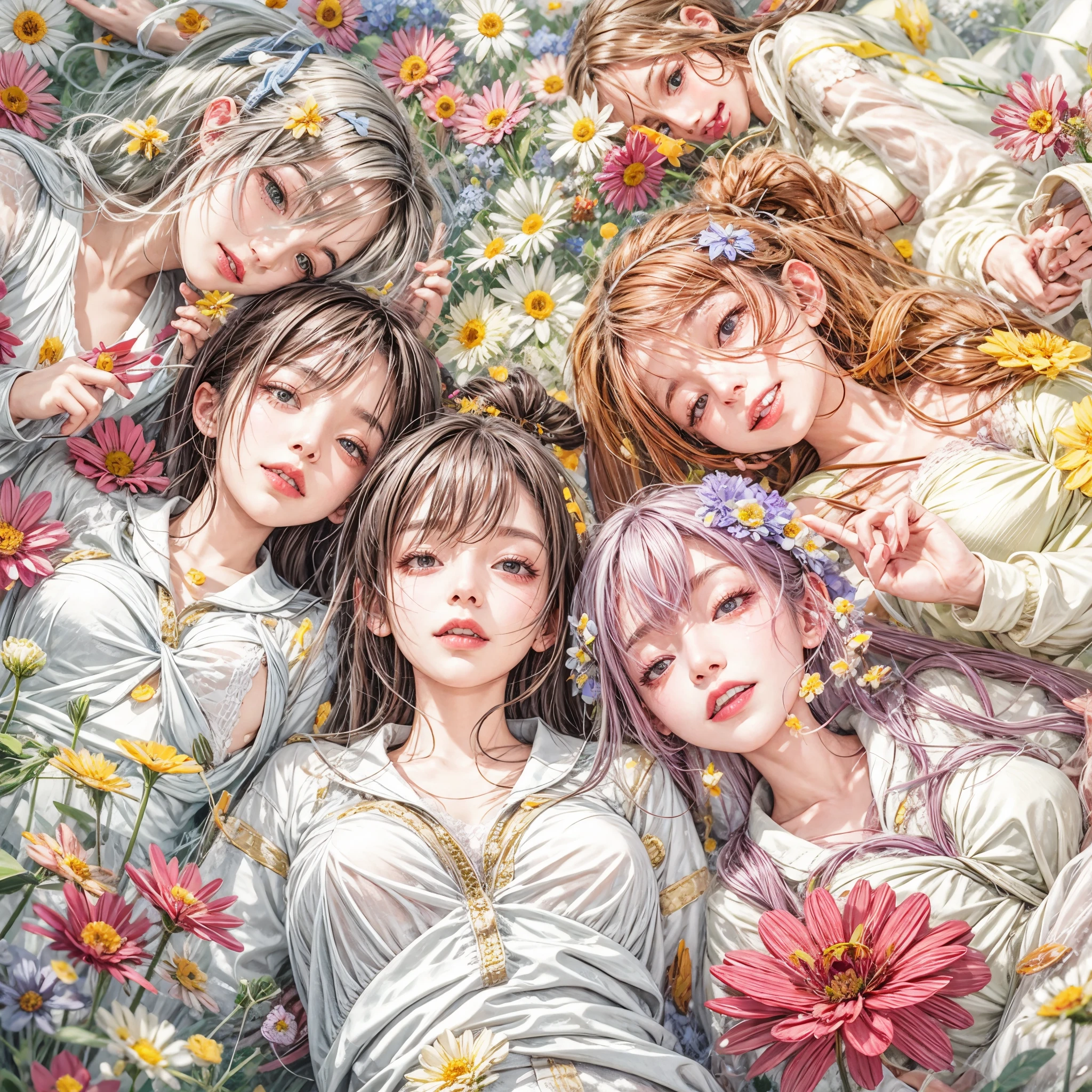 (((4 KAWAII girls laying in a colorful flower space, full of flowers))), ((SFW)), (Acutance:0.8), (Exposed:1.2), (Nipple:-0.9), (Face variations), { Sailor collar Uniform | Delicate white lace knitted wear | Delicate bikini made of flowers }, { Swaguchi Aika | Navel | pretty Ass | Overflowing sideboob | laying back }, { laughing | evil smile | :D }, ( oiled glistening skin), various color hair, {short bob|bung hair|low twin tail hair}, dynamic angle,  {White| Red | gold | vivid colors }, (masterpiece:1.2), extremely detailed, (physically-based rendering, realistic, (photorealistic, (RAW Photograph:1.37))), an extremely delicate and beautiful, (( covering whole body with (many many flowers:1.37))), ( no extra limbs, not Detailed fingers:-0.9 ) .