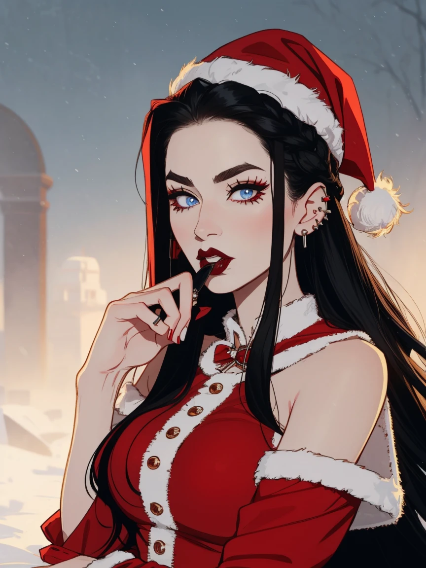 Mrs Claus, long black hair hair, milf, busty, sleigh, pale, goth, black hair, piercings, gothic, pale skin, lip piercing, nose piercing, pale white skin, santa hat, night, snow, moonlight, snow, pale white skin, mrs claus,