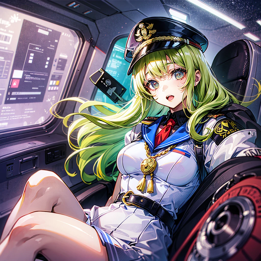 (((masterpiece)))、(((Top image quality)))、(((top-quality)))、(((highly detailed unity 8kwall-paper)))、(Illustration of one woman)、full bodyesbian、30-years old、(((neuter)))、((Blonde twintails))、Light golden eyes、((Tall))、(((Muscular and strong body)))、(((Split abs)))、(((muscular and thick arms)))、(((muscular and thick legs)))、(((manspreading)))、((Military uniforms))、((Military Cap))、((Military coat))、(white clothes)、(White pants)、(White cap)、trench coat、((Inside the spaceship、Sitting in the captain's seat))