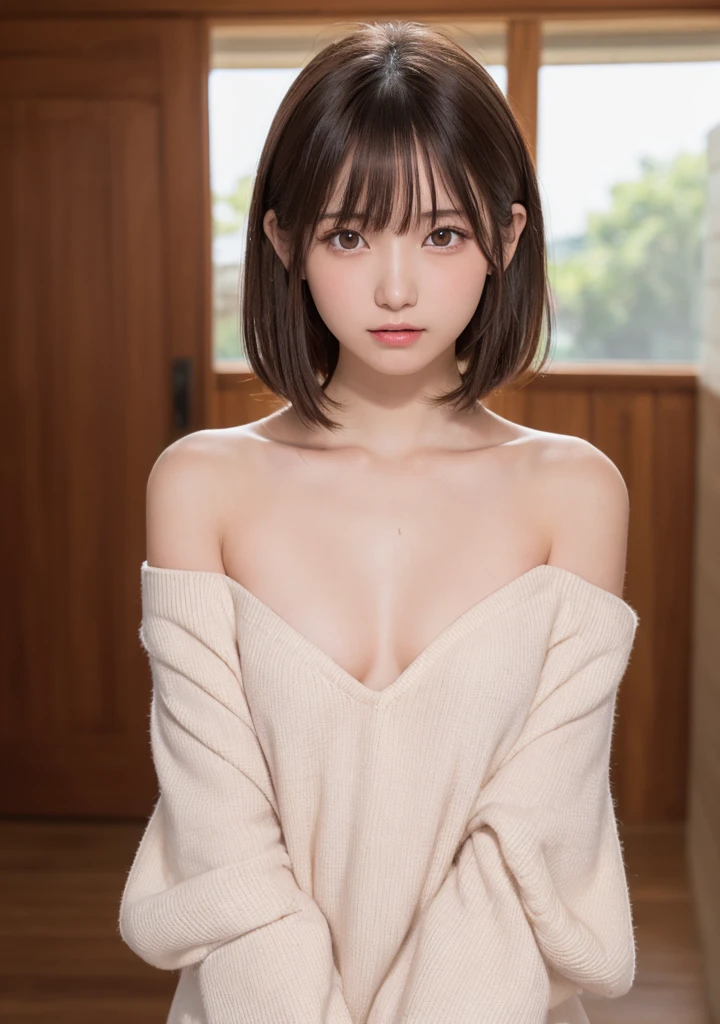 (RAW Photos, masterpiece:1.2, 8K, Highest quality), Super detailed, 複雑に詳細なSuper detailed, Realistic, Sharp features, Very detailed, Sharp focus, Perfect Face, Perfect Face, Perfect symmetrical perfect eyes, Fuller lips, Flexible girl shape, Cinematic, Film Light, Super detailed, hyper Realistic, High resolution, Vibrant, Dynamic Studio Lighting, ((Dark Background)), (A modest smile), ((Light brown hair:1.2, Asymmetrical Hair, Asymmetrical bangs, Messy Hair:1.2)), Exposed cleavage, (Small beautiful butt), (Thin thighs), Brown eyes, (Beautiful idol girl posing on a bed wearing a white sweater and black underwear), ((Baby Face)), Improve, compensate, (Natural Color Gloss:1.1), (eyeliner:1.2), mascara, eye shadow, Beautiful breasts, pretty idol sculpture, Sensual idol sculpture, Realistic アイドル彫刻, (sexy:1.5, Attractive pose), skinny idol sculpture, (Detailed eyes and face:1.2, Professional photography techniques), (Reality:1.4)