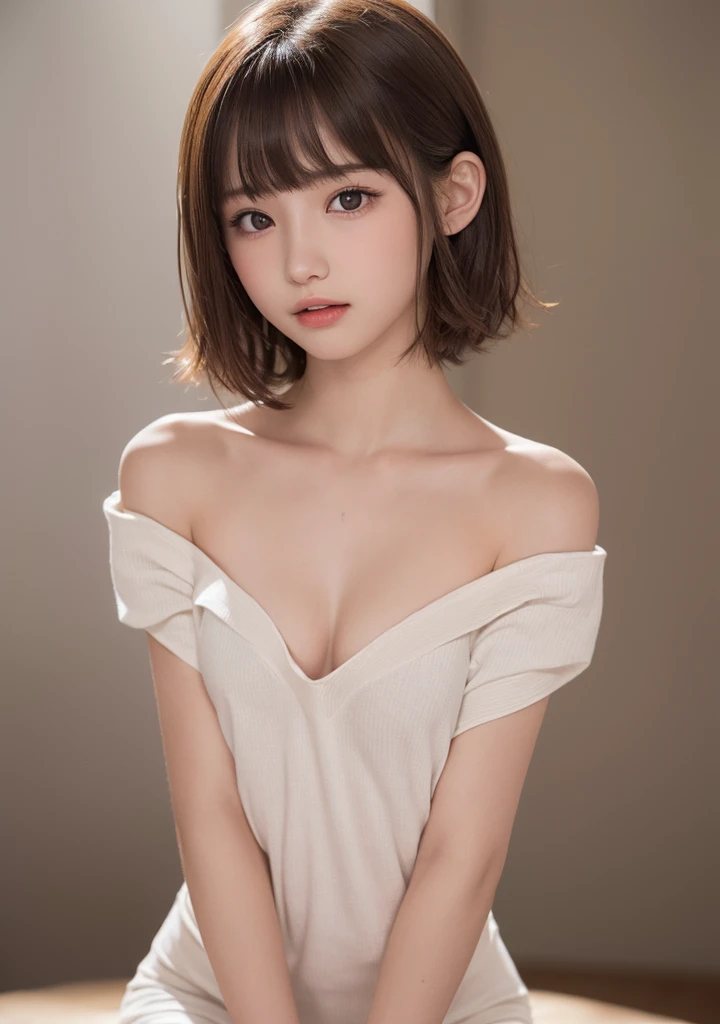 Nipples are visible、masutepiece, Best Quality, One girl, (Beautiful Girl:1.3), (:1.2), Very fine eye definition, (Symmetrical eyes:1.3), (NSFW), (Put out naked, Cute off-the-shoulder, Put out naked:1.3), Beautiful breasts, Brown eyes, Parted bangs, Brown hair, Upper teeth, Sheer, Wet,
