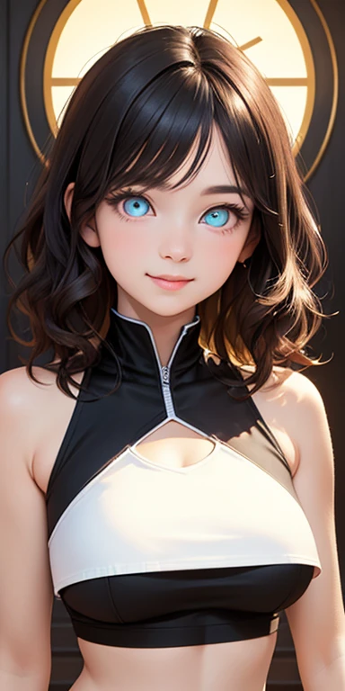 baby face, short black hair,messy hair,wavy hair, (photorealistic:1.4), (masterpiece, sidelights, exquisite beautiful eyes: 1.5), masterpiece*portrait, realistic, 3D face,kawaii face,front view: 1.5、 (glowing yellow eyes:1.2),plump face,(tareme:1.5)、light smile,Rosy Mouth,Slim Body, shiny hair, shiny skin: 1.5、large breasts:1.3,solo,(sit)、(cutout between underboob and crop top)、(charactor focus:1.5、portrait)、upper body,