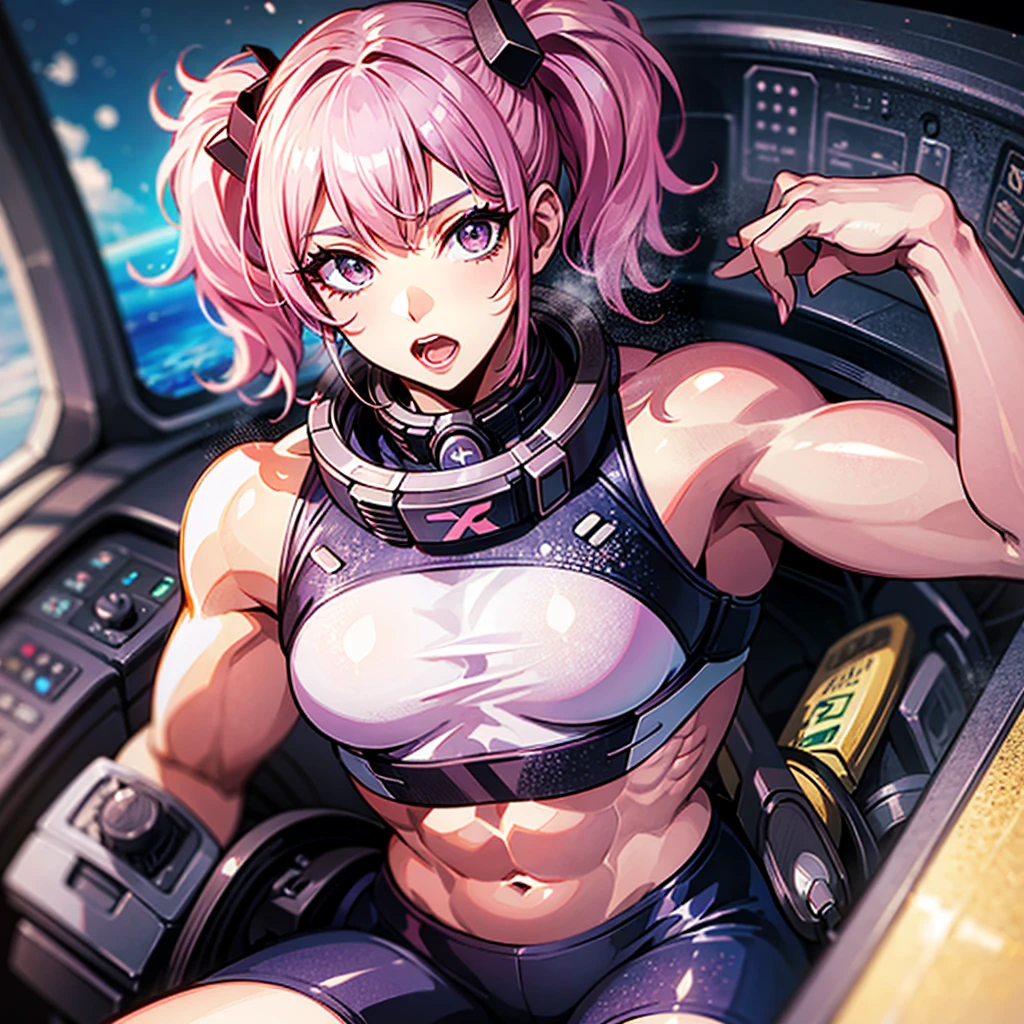 (((masterpiece)))、(((Top image quality)))、(((top-quality)))、(((highly detailed unity 8kwall-paper)))、((Illustration of one adult))、((25-years old))、((25-years old))、(pilot)、(((The face is a woman、The body is a man)))、(((Twintails with pink hair)))、Light gray eyes、((Tall))、((Flat))、((Muscular strong man's body))、((Muscular strong man's body))、(((solid chest)))、((muscular chest plate))、abdominals、((muscular and thick arms))、((muscular and thick legs))、((manspreading))、(((白いpilotスーツ)))、((Sitting in the cockpit))、(The Universe on the Monitor、Earth seen from space、Spaceport)