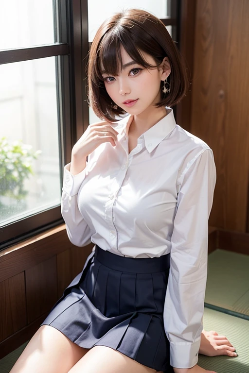 (masterpiece、top-quality:1.2、high-detail), Surreal High School Girl, 独奏, 1girl in, Yukinoshita Yukino, (shinny skin、wetted skin:1.2), Wearing sweat, I'm smiling really happily, Watch your audience carefully, all-fours, 校服, White shirt with white collar, plaid skirts, thighs thighs thighs thighs, PM, Classroom Surreal High School Girl、Very tall schoolgirl、short hair with clean bangs of 46 points,,,、the neck is long、Put your ears out、Arms out、mideum breasts、Distinct double eyelids、big eye、The beauty of the golden ratio、Perfect Anatomy、Perfect and detailed body、Close your mouth and smile really happily
