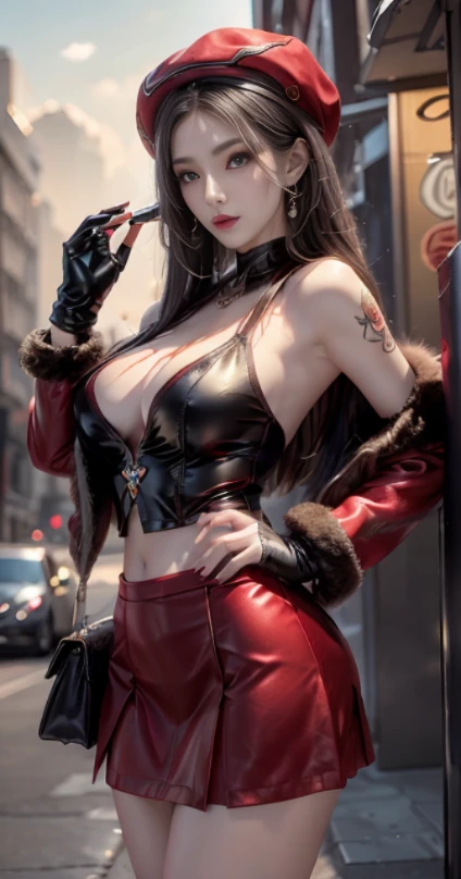 full body Esbian, of the highest quality, Intricately detailed skins, Shiny skin, Shiny hair, pale complexion,Colossal tits ,Big breasts), Red sky, Red Moon, Inside the city, ((Skull Mark)), ambitious, Seductive Woman, Gray hair, Long hair, Hair fluttering in the wind, Skull mask on half of the face, Detailed tattoos, Red Sweater, Red fur coat, White muffler,gloves, Solid Gold Bracelet, Leather skirt, Red mini skirt , Small hat,