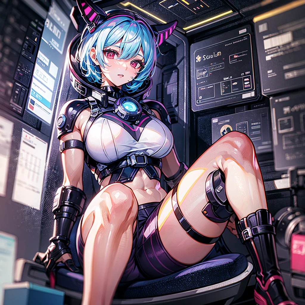 (((masterpiece)))、(((Top image quality)))、(((top-quality)))、((Illustration of one girl))、(pilot)、(((Muscle Girl)))、(((blue silver short hair)))、Red eyes、((Tall))、(((Muscular and strong body)))、((abdominals))、((muscular and thick arms))、((muscular and thick legs))、(stocky build)、(muscular legs)、(broad shoulders)、((manspreading))、(((白いpilotスーツ)))、((Sitting in the cockpit))、(The Universe on the Monitor、Earth seen from space、Spaceport)