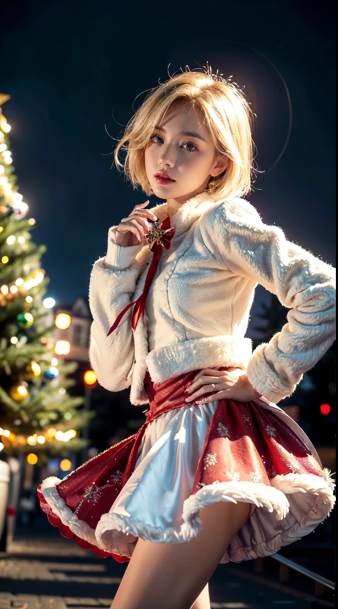 (Ultra-detailed eyes), (((textile shading))), (((Best Quality))), (((masutepiece))), (((Ultra-detailed CG))), sassy girl, (((magical little girl))), (Petite), (tiny chest), blonde hair, blonde hair, blonde hair, pin up emo, ((short hair, short hair, gorgeous hair)), Pink eyes, (((christmas Dress, red and white faux fur trim carduroy jacket, y2k, scallop skirt))), ((striking a pose)), (((Game CG)) (gorgeous, sassy, it girl), fancy jewelry, sparkling sky, Amsterdam Light Festival, christmas vibe, light christmas, christmas tree, strong Amsterdam Light Festival atmosphere, cowboy shot, midshot, centered image, eye on camera, night