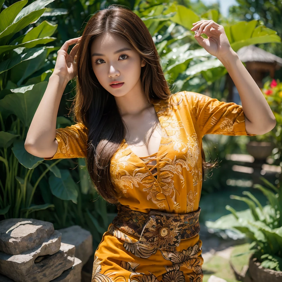1 Indonesian-Dutch girl, 20 years old, long fashion hair, fit body, small cleavage, batik skirt, masterpiece, highly detailed, ultra hd, 8k, detailed face, bright eyes, perfect eyes, detailed skin texture, detailed lips, sexy lips, perfect hands, dynamic angle, cowboy shot, big breasts