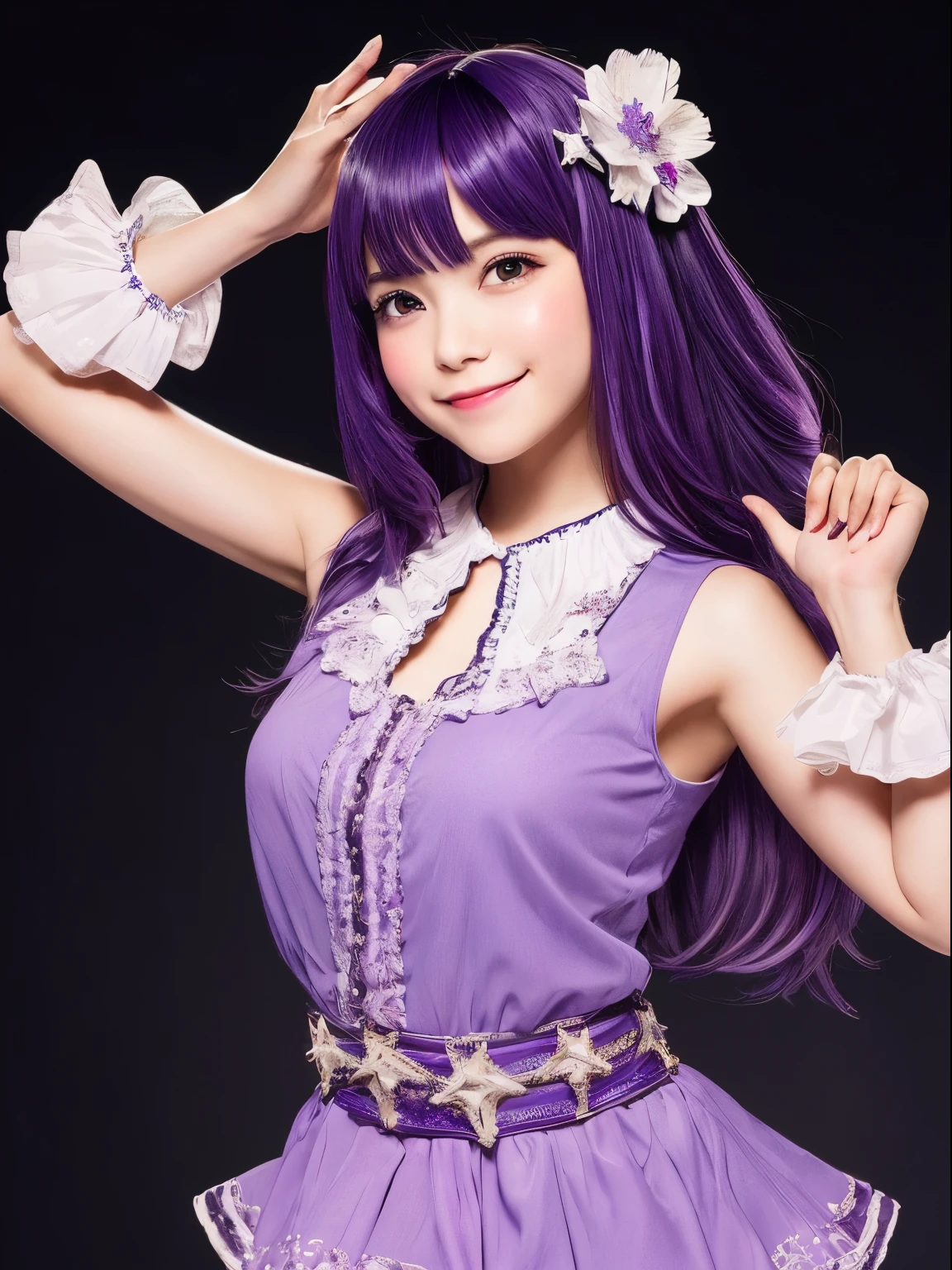 1girl, full body, cowboy shot,
(Rembrandt), illustration, (masterpiece), (best quality), (ultra_detailed), finely detail, (Depth of field),
HshinoAi,gloves, tongue out, tongue, long hair, star \(symbol\), looking at viewer, (purple hair:1.2), purple eyes, upper body, hair ornament, :p, frills, pink shirt, smile, sleeveless, shirt, idol, symbol-shaped pupils, hands up, bangs, one side up, star-shaped pupils, arms up,
dress pull,
Roaring Twenties, isometric, from above, sky, flower, cliff,