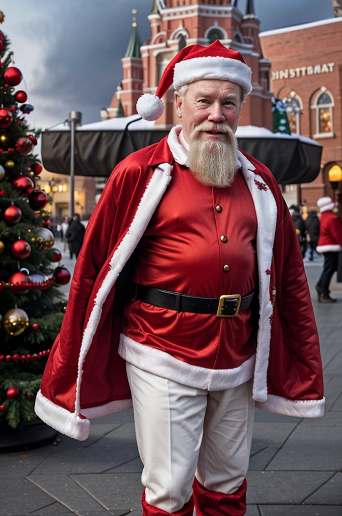 60-year-old man, Hyper-realistic, wears a Santa Claus costume, on Red Square near the Christmas tree