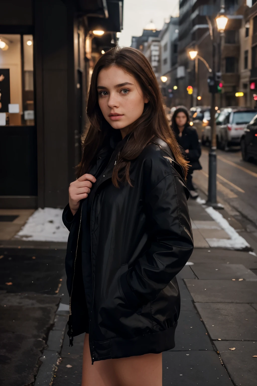 girl outside, looking extremely arrogant, winter, full body, very beautiful, brown hair, wearing black oversized jacket, realistic face, detailed eyes, freckles, looking to the side, photo made by iphone 8