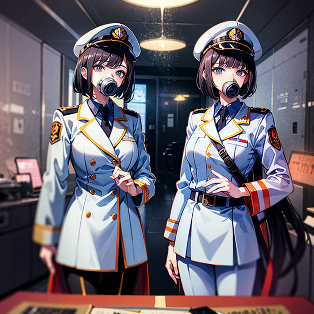 (((masterpiece)))、(((Top image quality)))、(((top-quality)))、((highly detailed unity 8kwall-paper))、(Illustration of one woman)、30-years old、(Viceroy)、Black hair bob cut、(((Gas mask covering the mouth)))、Gray eyes、(((Sanpaku eyes)))、((Tall))、((huge tit))、((Military uniforms))、((Military Cap))、((Military coat))、(white clothes)、(White pants)、(White cap)、trench coat、((Inside the spaceship))