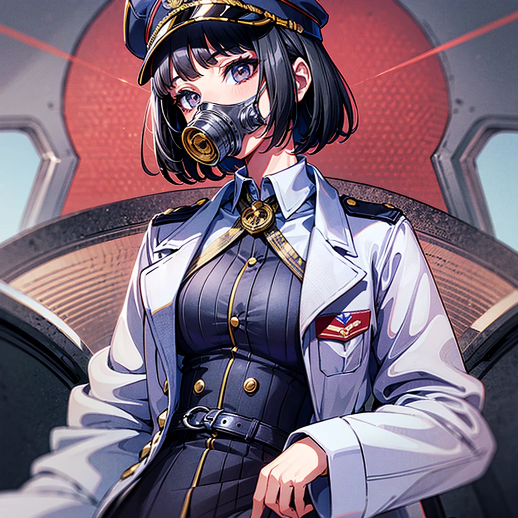 （（（​masterpiece）））、（（（Top image quality）））、（（（top-quality）））、（（highly detailed unity 8ｋwall-paper））、（Illustration of one woman）、30-years old、（Viceroy）、Black hair bob cut、（（（Gas mask covering the mouth）））、Gray eyes、（（（Sanpaku eyes）））、（（Tall））、（（huge tit））、（（Military uniforms））、（（Military Cap））、（（Military coat））、（white  clothes）、（White pants）、（White cap）、trench coat、（（Inside the spaceship））
