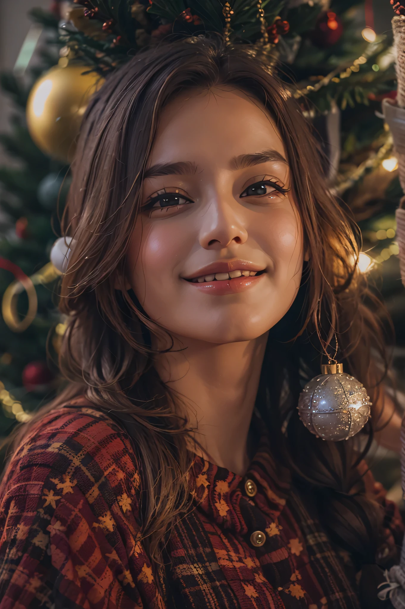 Beautiful young woman spending Christmas,Next to the Christmas tree,Close-up Shot Shot