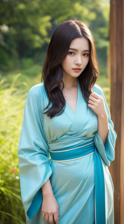 A woman with the same face as last time，４Ｋ、１Man Woman、Slender Abs、coming to jinja、furisode、kimono,wear kimono、wearing Japanese kimono、wearing braless、captivating and enticing、full body Esbian.Attractive position、 Including face and skin texture.，Detailed eyes、Seducting look