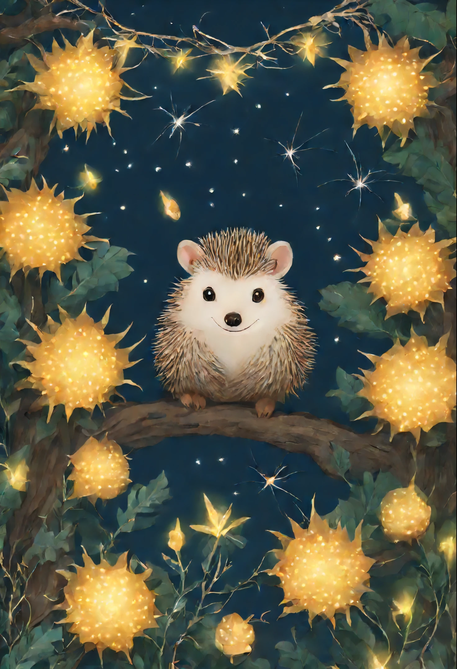 Hedgehog, garland, Fireflies,