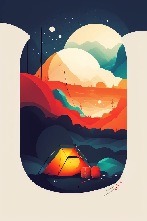 tent, campfire and camping theme, dreamy, night sky with crescent moon, simplified, style by Katsuya Terada, concept art by Niv, (Asian kombucha goddess) red, blue and black color scheme, billowing clouds, HD quality, design garment printing art.