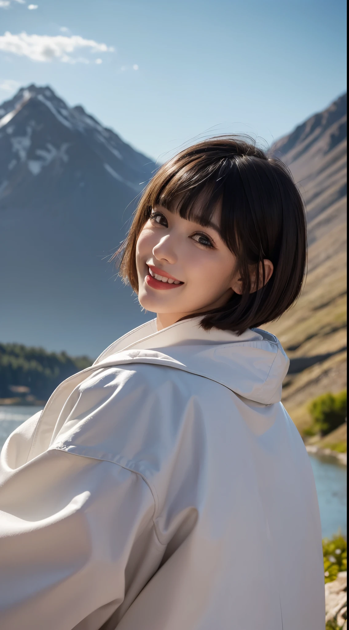 (( masterpiece)), ((best quality)), (ultra-detailed), ((extremely detailed)), 4K, (8K), best quality, (beautiful), focus on the face, a cute girl, 1girl, solo, beautiful black hair, (((beautiful brown eyeeautiful eyes)), white-skinned, Short bob hair , (((blunt bangs))), (((slanted eyes))), (((Single edge eyelids))), Large breast, ribbon, light smile, shiny-glistening, gleaming, 1girl, short black hair, bob cut hairstyle, carrier, Jacket windproof, water repellent, Mountain boots, mountains,