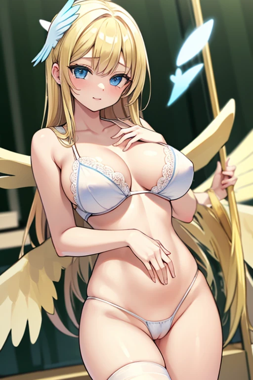 ((Best Quality)), ((Masterpiece)), (detailed), perfect faces, blonde hair, blue eyes, large breast, sexy, white bra, white lingerie, white underwear, cum in pussy, breast milk, angel wings